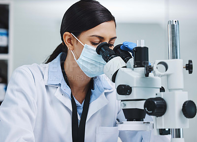 Buy stock photo Research, laboratory and woman with microscope for medical analysis, science and lab test. Healthcare, biotechnology and female scientists with equipment for sample, experiment and examine virus