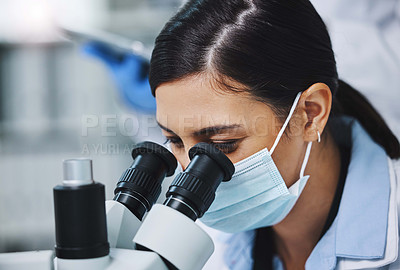 Buy stock photo Science, face mask and woman with microscope for medical analysis, research and lab test. Laboratory, biotechnology and female scientists with equipment for sample, experiment and examine virus