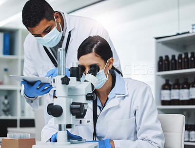 Buy stock photo Science, tablet and man and woman with microscope for research, medical analysis and report in lab. Healthcare, biotechnology and team of scientists with equipment for sample, experiment and medicine