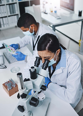 Buy stock photo Science, laboratory and man and woman with microscope for research, medical analysis and lab test. Healthcare, biotechnology and team of scientists with equipment for sample, experiment and exam