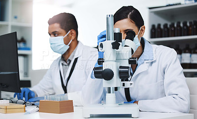 Buy stock photo Science, laboratory and team of scientists with microscope for research, medical analysis and lab test. Healthcare, biotechnology and man and woman with equipment for sample, experiment and virus