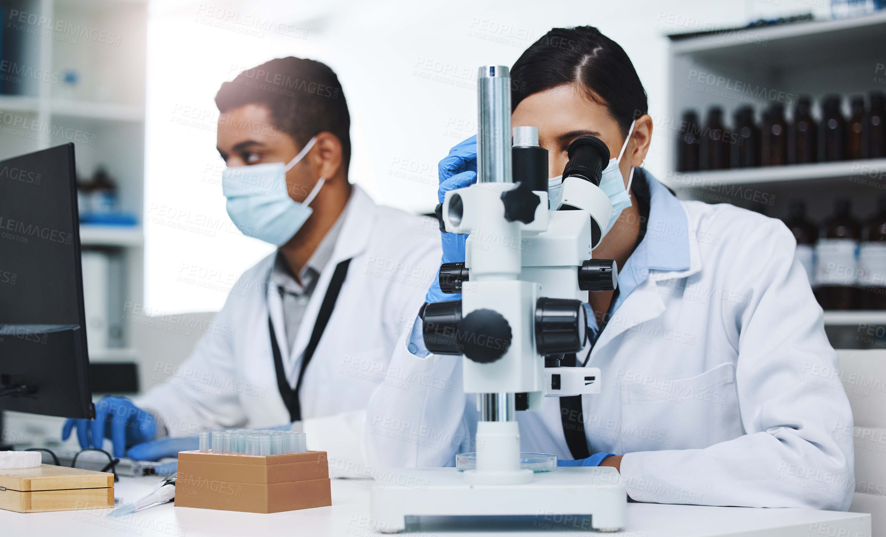 Buy stock photo Science, laboratory and team of scientists with microscope for research, medical analysis and lab test. Healthcare, biotechnology and man and woman with equipment for sample, experiment and virus