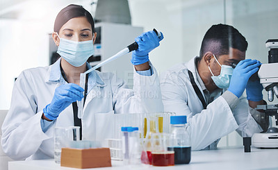 Buy stock photo People, face mask and scientists or research team, medical laboratory and innovation or healthcare employee. Vaccine, pharmaceutical and chemical experiment, beaker and pipette for immunology study