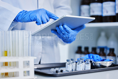 Buy stock photo Scientist, hand or tablet in lab for vaccine with safety, innovation with technology for medicine. Healthcare worker, ebook or analysis with glass container for covid research, development in biotech