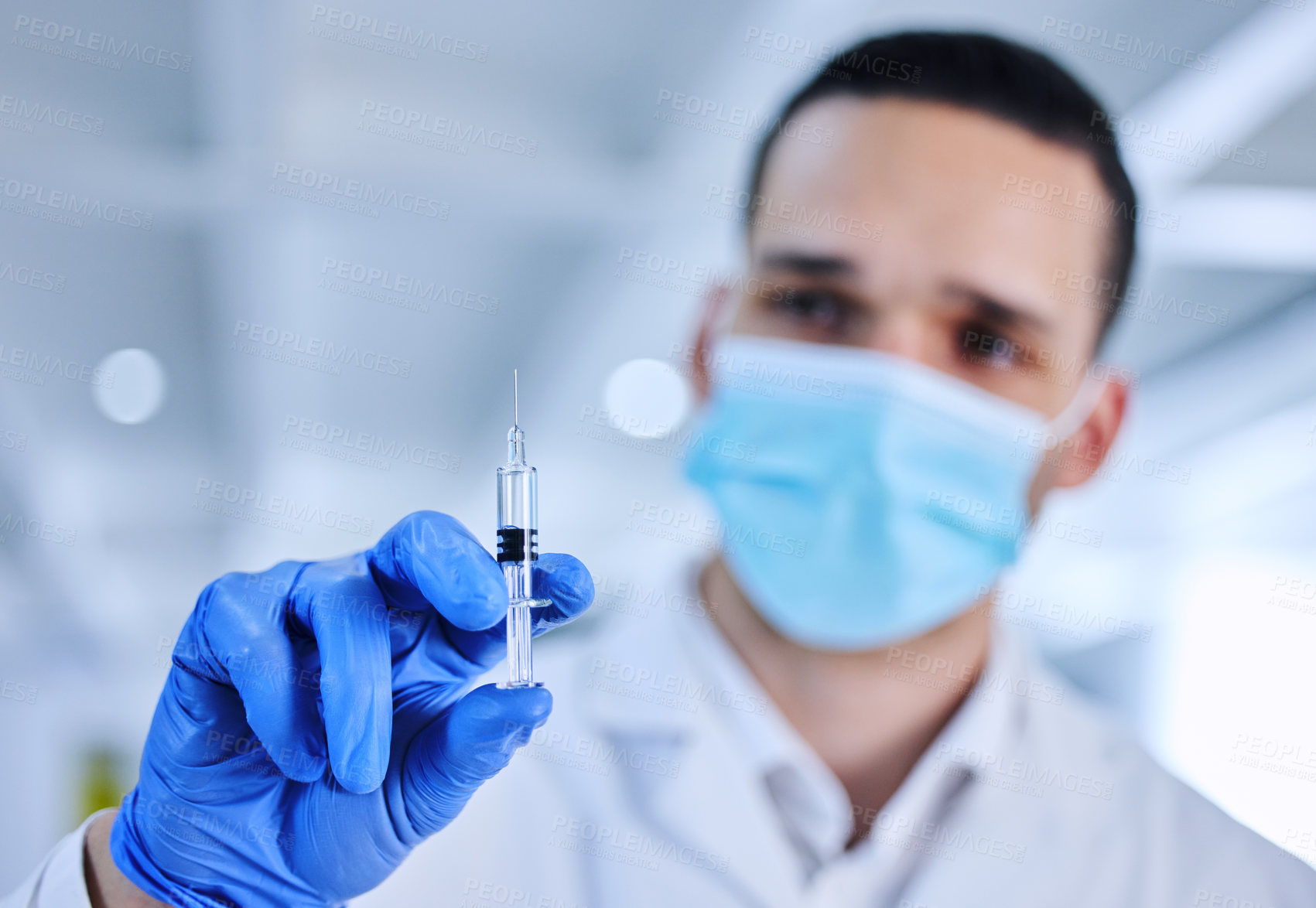 Buy stock photo Scientist, syringe and hand with dose in lab for medical health or research vaccine in career. Test, mask and disease for cure with innovation in science with experiment or breakthrough in Germany