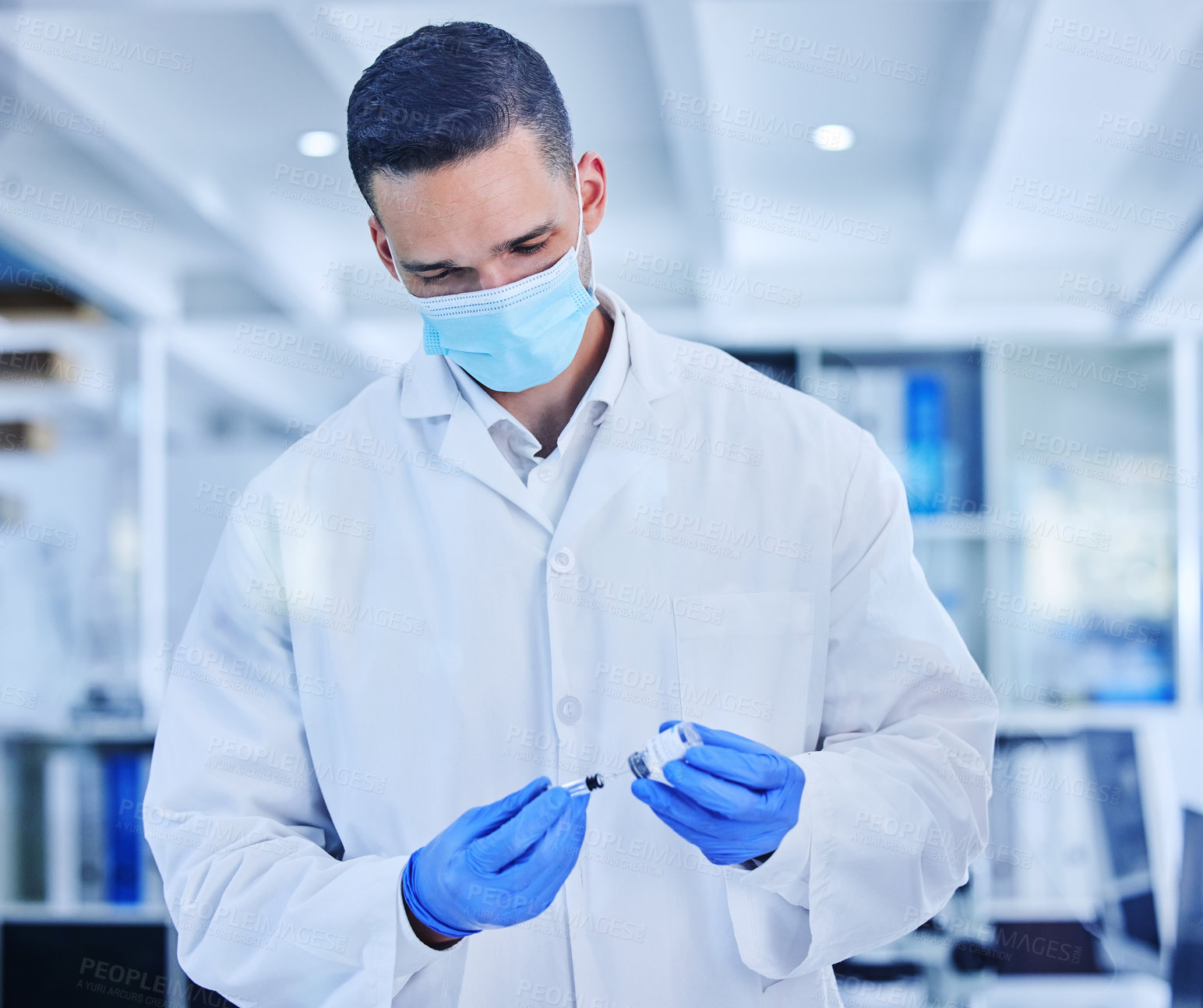 Buy stock photo Man, scientist and medical research for covid 19, vaccine and syringe with mask in lab for pharmaceuticals. Male person, technician and pathology in healthcare for chemistry in forensic or innovation