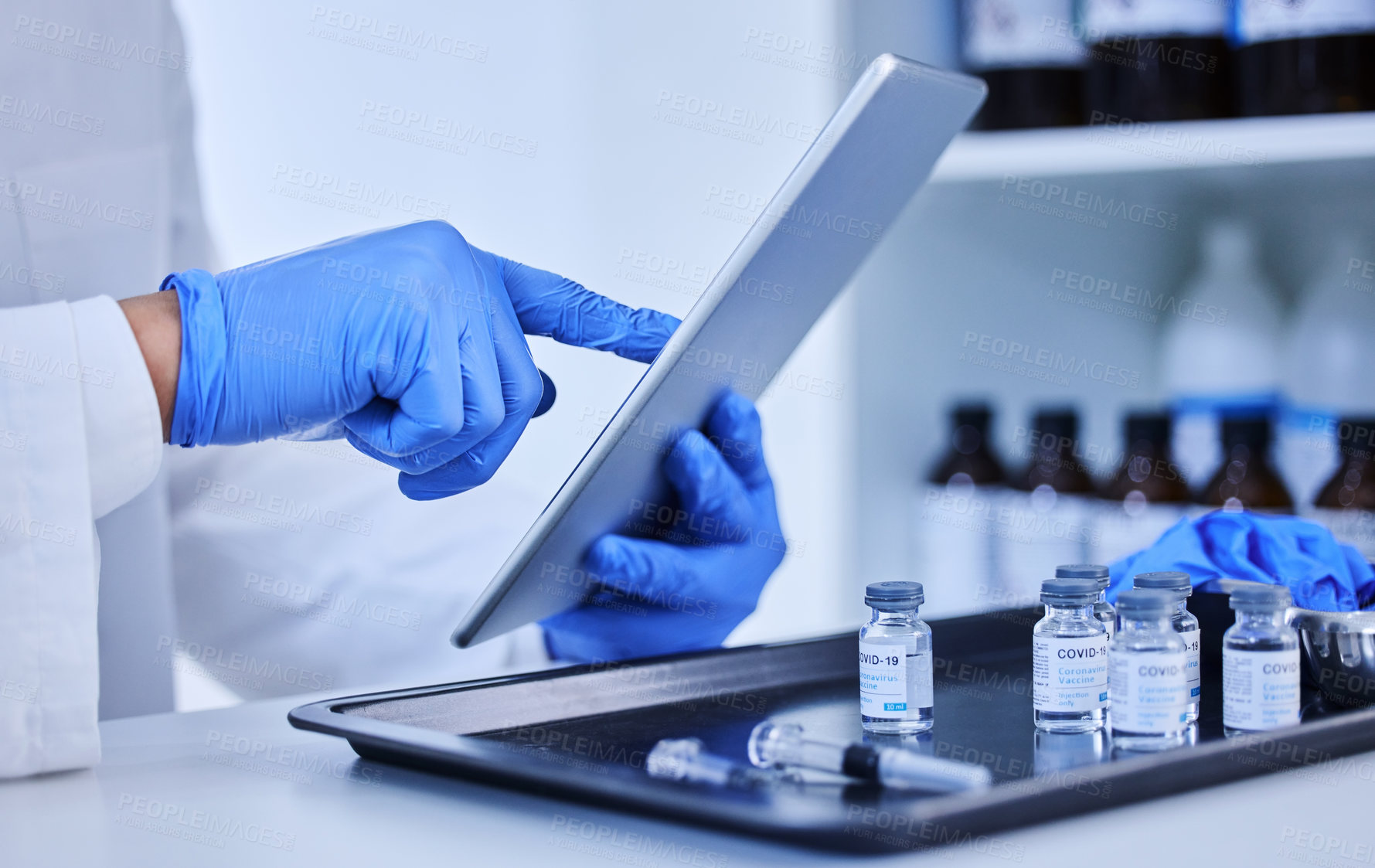 Buy stock photo Healthcare worker, hand or tablet in lab for vaccine with safety, innovation with technology for medicine. Scientist, ebook or analysis with glass container for covid research, development in biotech