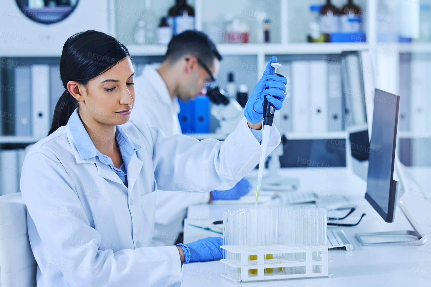 Buy stock photo Woman, technician and medical research for covid 19, vaccine and pipette with sample in lab for pharmaceuticals. Female person, scientist and virus in healthcare for chemistry in forensic for testing