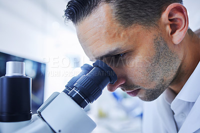 Buy stock photo Microscope, man and scientist with research to observe, tech and lab for results and bacteria. Microbiologist, science and person in pharmacy, healthcare and check for medicine, test or innovation