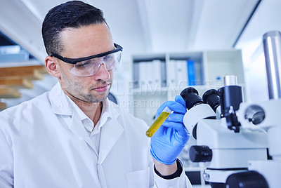Buy stock photo Cropped shot of a handsome young male scientist working with medical samples in his lab