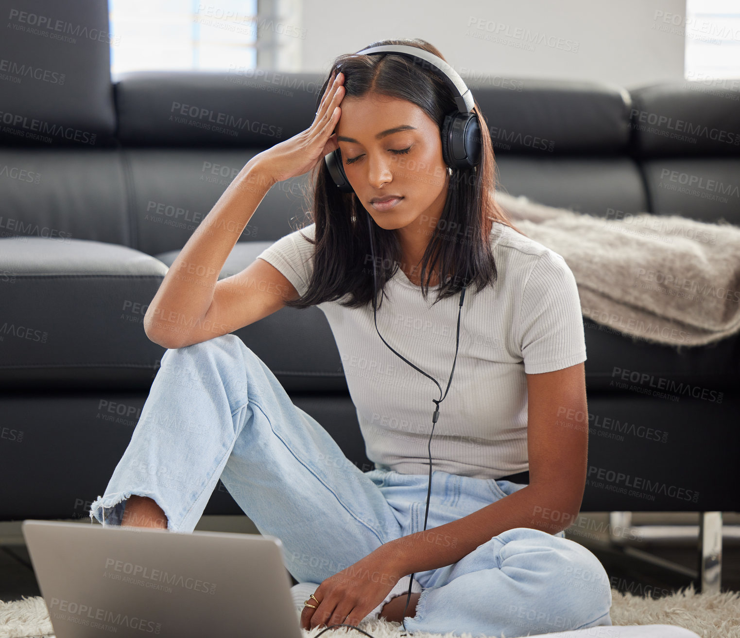 Buy stock photo Headphones, stress and woman with laptop at home with burnout from university project and headache. Study, exam learning and tech with college student with a deadline for web class assignment