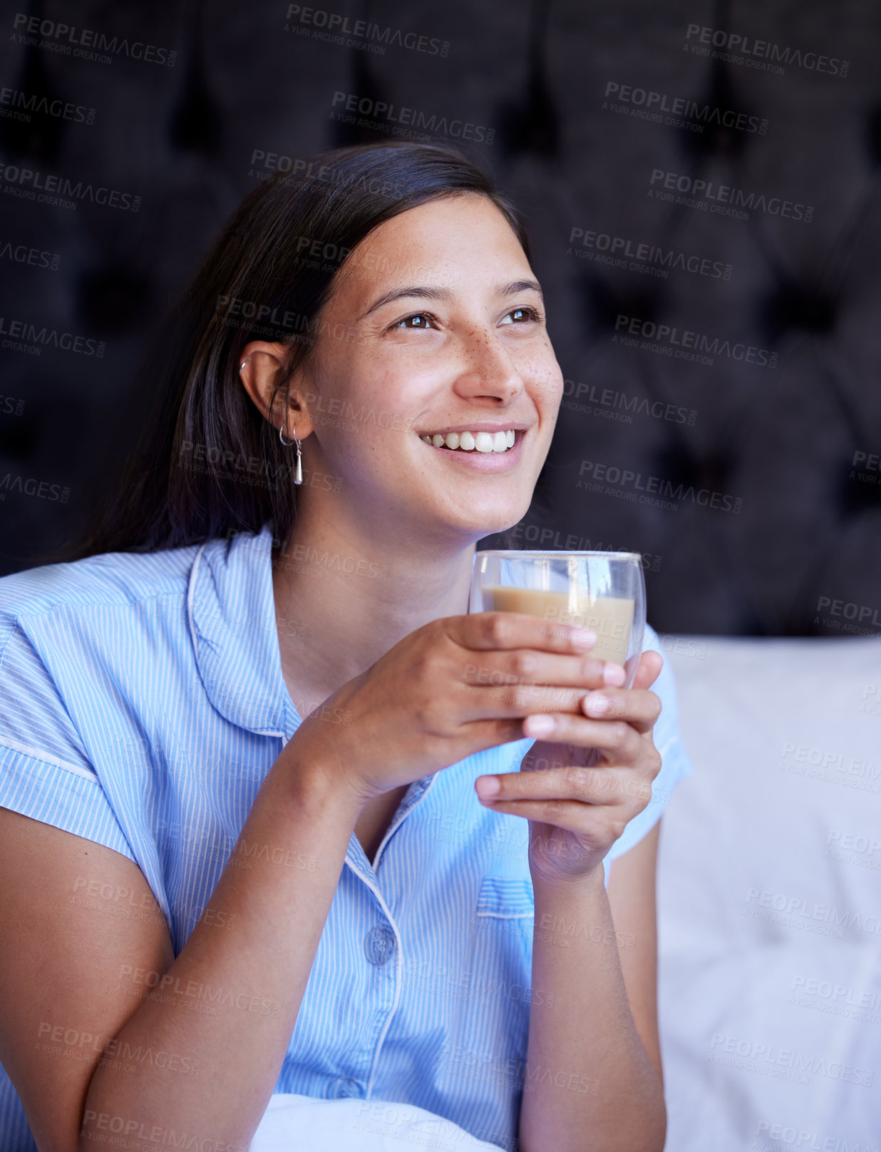 Buy stock photo Woman, tea and smile in bed, morning and thinking with vision, choice and future with pyjamas in apartment. Girl, person and relax in bedroom with drink, coffee and happy for ideas at house in Naples