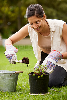 Buy stock photo Gardening, soil and woman with pot plant in backyard for natural environment, growth and ecosystem. Nature, gardener and person planting flowers, trees and sprout for sustainability and agriculture
