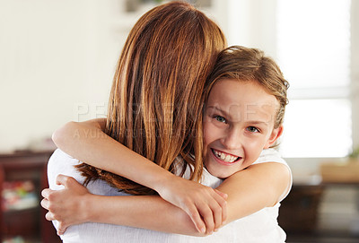 Buy stock photo Portrait, smile and mother hug girl in home for love, care and family bonding together in house. Face, happy kid and embrace mom for support, connection and healthy relationship of child with parent