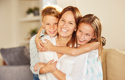 Buy stock photo Portrait, happy mother and hug kids in home for love, care and family bonding together in living room. Face, smile and children embrace mom for support, connection and laughing sibling with parent