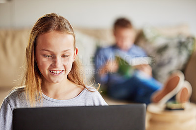 Buy stock photo Homework, girl and kid with laptop, smile and internet for education, online reading or website info for project. Apartment, student or child development with tech, pc and elearning with smile or joy