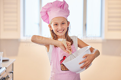 Buy stock photo Girl, portrait and baking in kitchen with chef hat for learning, child development and fun in house. Cooking, food or kid in baker costume for wellness, nutrition or brunch, cake or diy home cookies 