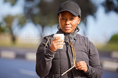 Buy stock photo Outdoor, portrait and black girl with coffee in morning for caffeine, increase energy and happy girl. Outside, nature and Female person with beverage for walk, exercise or hiking break in winter