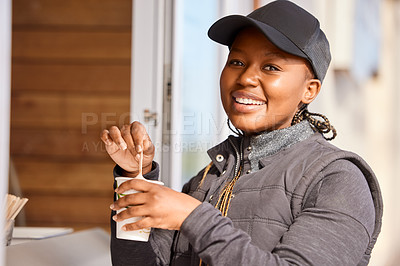 Buy stock photo Outdoor, portrait and black woman with coffee in morning for caffeine, increase energy and happy girl. Outside, cafe and female person with beverage for walking, exercising or hiking break in winter