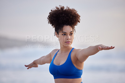Buy stock photo Yoga, beach and woman in warrior pose for exercise, fitness or holistic balance for healthy body in summer. Virabhadrasana, ocean and girl in nature for stretching, serious and pilates for wellness