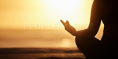 Buy stock photo Silhouette, mockup and person doing meditation at the beach for wellness, health and zen or spiritual in morning sunrise. Balance, shadow and athlete meditate or yoga to be calm, workout and healthy
