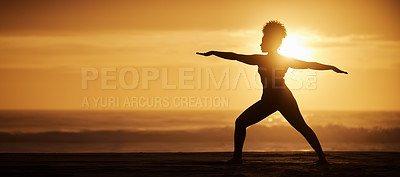 Buy stock photo Yoga, sunset and silhouette of woman in warrior pose for exercise, fitness or meditate at beach on mockup. Virabhadrasana, ocean and girl in nature for stretching, wellness and healthy body in summer