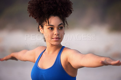 Buy stock photo Yoga, beach and woman in warrior exercise pose for fitness or holistic balance of healthy body in summer. Virabhadrasana, ocean and girl in nature for stretching, serious and pilates for wellness