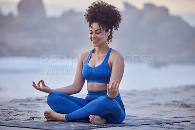 Buy stock photo Yoga, lotus meditation and happy woman at beach for exercise, spiritual fitness or healthy body in summer. Padmasana, ocean and girl in nature for zen, peace and calm mindfulness outdoor for wellness
