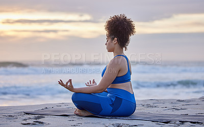 Buy stock photo Yoga, lotus meditation and woman at beach at sunset for spiritual exercise, fitness or healthy body in summer. Padmasana, sea and girl in nature for zen, peace and calm mindfulness outdoor to relax
