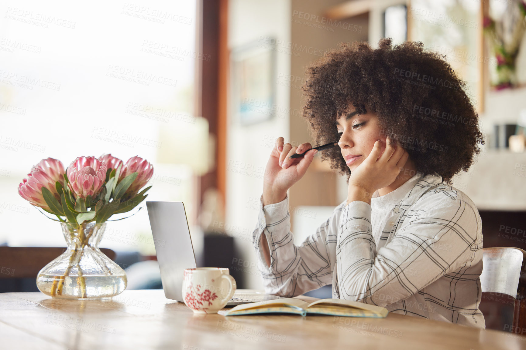 Buy stock photo Black woman, laptop and thinking in home for digital worker, remote job and writing blog post. Female person, technology and coffee in house for online creator, freelance career or internet research