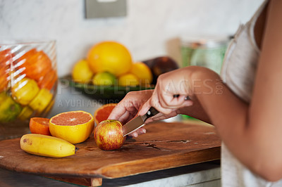 Buy stock photo Knife, fruits or hands of woman in kitchen for healthy choice, salad meal or vitamin c in home or house. Nutrition, apple or person in apartment with natural food for fiber, detox diet or wellness