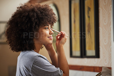 Buy stock photo Profile, makeup or girl in bathroom with brush for morning routine or grooming on mirror in home, house. Eyeshadow cosmetics, afro or woman with product for natural skincare, beauty glow or wellness