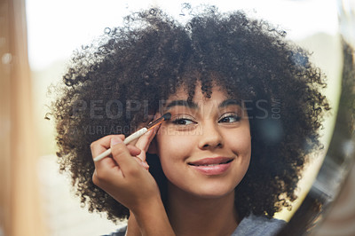 Buy stock photo Mirror, eyeshadow or girl in bathroom with brush for morning routine and grooming on reflection in home. Makeup cosmetics, afro or woman with product for natural skincare, beauty glow or wellness