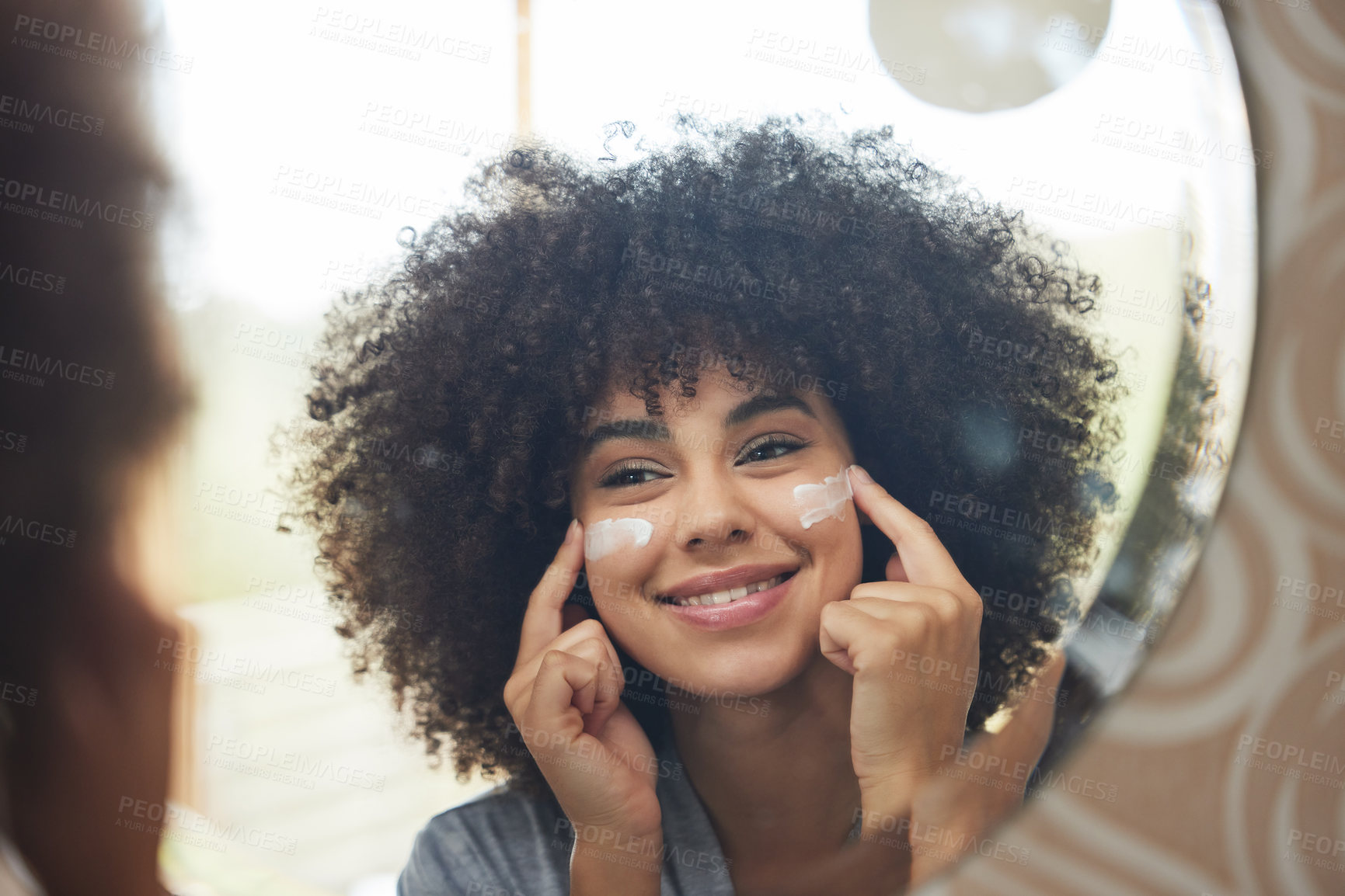 Buy stock photo Morning, cream and skincare with woman in mirror for product, facial and cosmetics. Beauty routine, reflection and self care with face of female person and lotion at home for sunscreen and glow