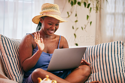 Buy stock photo Happy, black woman and laptop on video call with wave for communication, connection and technology in home. Female person, chat or online in house for live stream or social media in lounge with smile