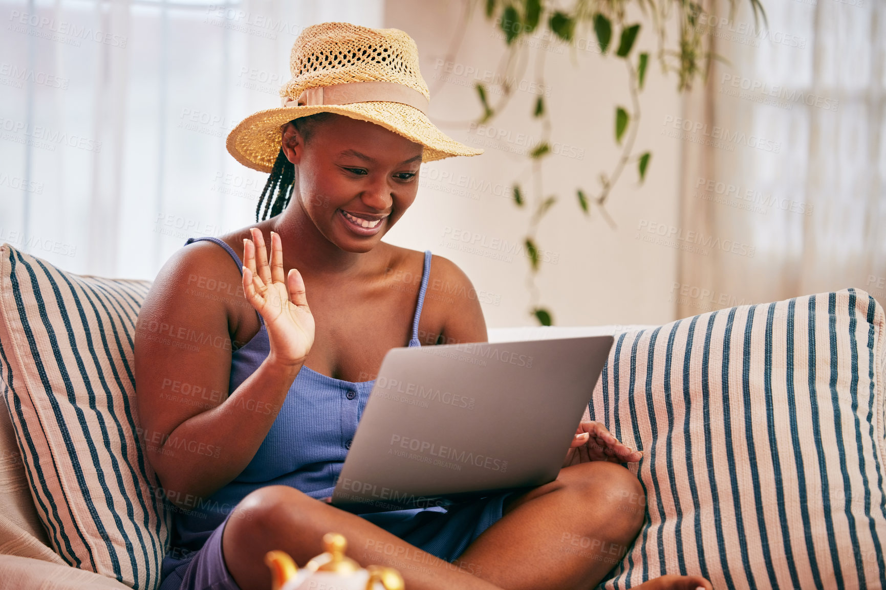 Buy stock photo Happy, black woman and laptop on video call with wave for communication, connection and technology in home. Female person, chat or online in house for live stream or social media in lounge with smile