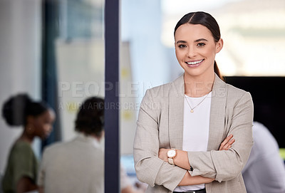 Buy stock photo Shot of a businesswoman smiling at a business meeting in a modern office