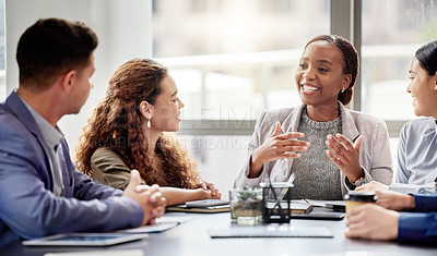 Buy stock photo Discussion, meeting and business people in office for teamwork, planning or review at table. Collaboration, professional and group of diverse employees for ideas, conversation or project development