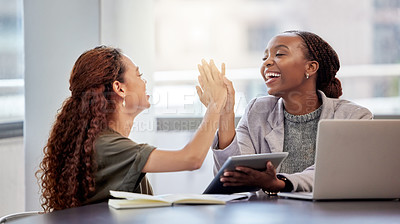 Buy stock photo Success, winning or business women high five with tablet for support, blog or news in workplace. Teamwork, meeting or happy consultants in office for social media goals, target or bonus achievement