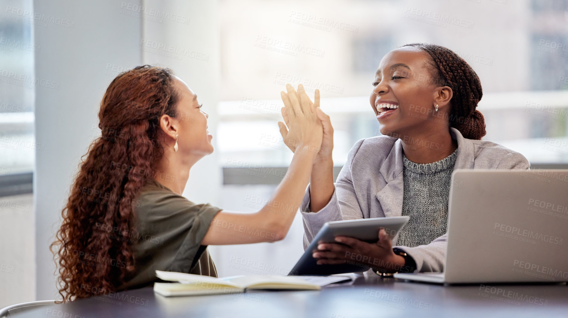 Buy stock photo Success, winning or business women high five with tablet for support, blog or news in workplace. Teamwork, meeting or happy consultants in office for social media goals, target or bonus achievement