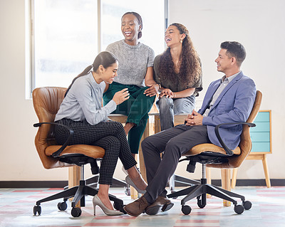 Buy stock photo Office, team and diversity with laugh, group and collaboration with joke for small business startup. Law firm, teamwork and employee support with company trust, management and new project discussion