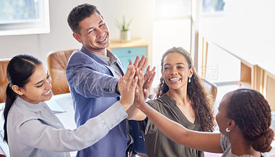 Buy stock photo Business people, meeting and high five for teamwork, agreement or collaboration in unity at the office. Happy group of employees touching hands in team building, motivation or celebration for goals