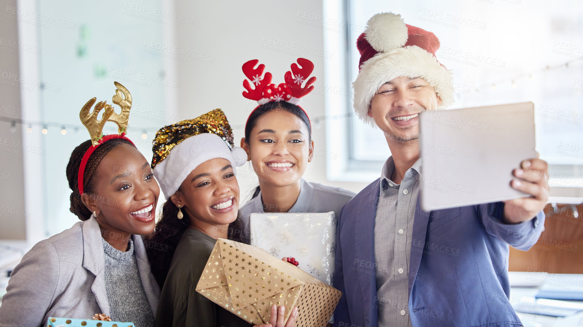 Buy stock photo Christmas, selfie and tablet with business people in office for social media, celebration and xmas. Festive, holiday and community with friends at party for team building, diversity and support
