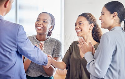 Buy stock photo Business people, handshake and applause in meeting for introduction, hiring or welcome at office. Happy group of employees shaking hands and clapping for recruitment, partnership or corporate growth