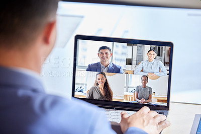 Buy stock photo Laptop screen, online meeting and business people with video call for planning, discussion or b2b networking. Digital conference, team and partnership consulting for idea, collaboration and solution