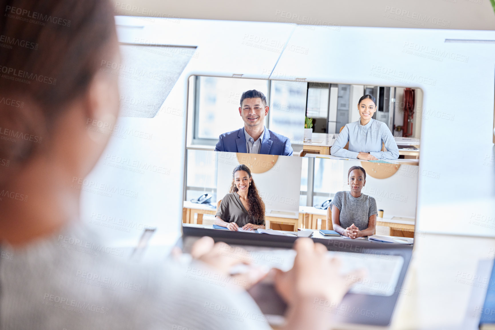 Buy stock photo Shot of an unrecognizable businesswoman on a videocall at work