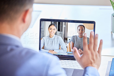 Buy stock photo Businessman, laptop and video call for virtual meeting, webinar or interview in remote work at home. Man freelancer waving hello on computer introduction in online conference, consulting or seminar