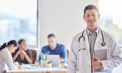 Buy stock photo Portrait, smile and male doctor or leader in meeting, arms crossed and healthcare or planning. Hospital, happy and confidence for medical professional, clinic and manager for medicine wellness