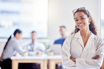 Buy stock photo Portrait, smile and woman intern or leader in meeting, arms crossed and healthcare or planning. Hospital, happy and confidence for medical professional, clinic and learner for medicine wellness