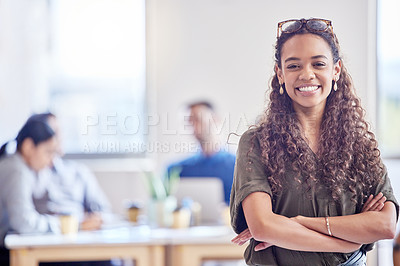 Buy stock photo Business woman, portrait smile and arms crossed for leadership or management in meeting at the office. Happy female person or confident manager smiling for teamwork, success or planning at workplace